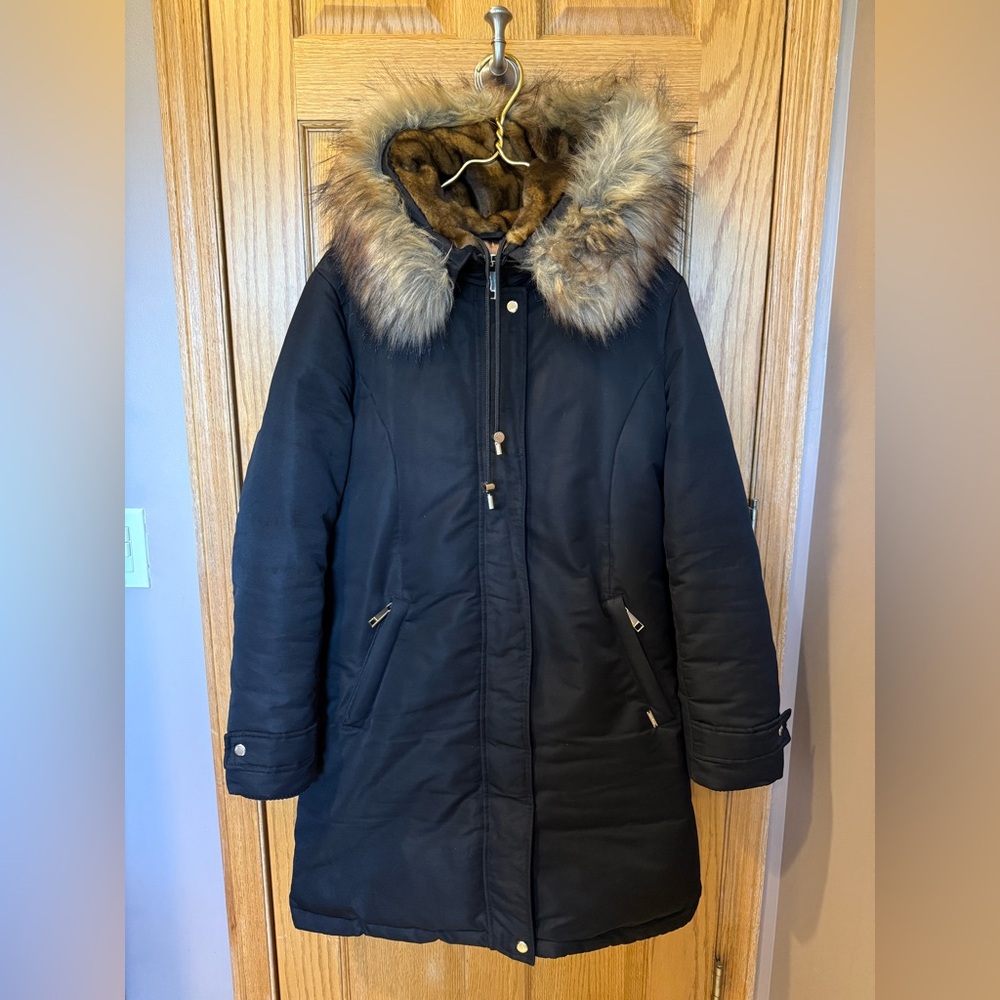 Nine West Black Winter Coat w/ Fur Hood & Gold Hardware